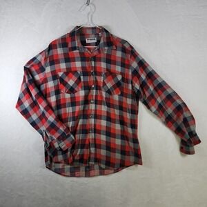 Vtg McGregor Bagpiper‎ Mens L Plaid Flannel Shirt Red Navy Gray Long Sleeve